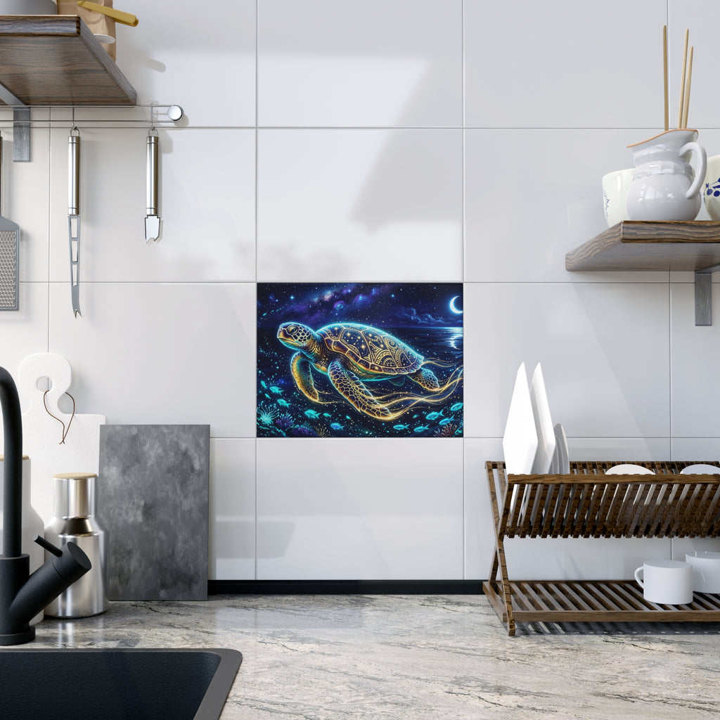 Sea Turtle Ceramic Photo Tile — Glowing Night Ocean Wall Art