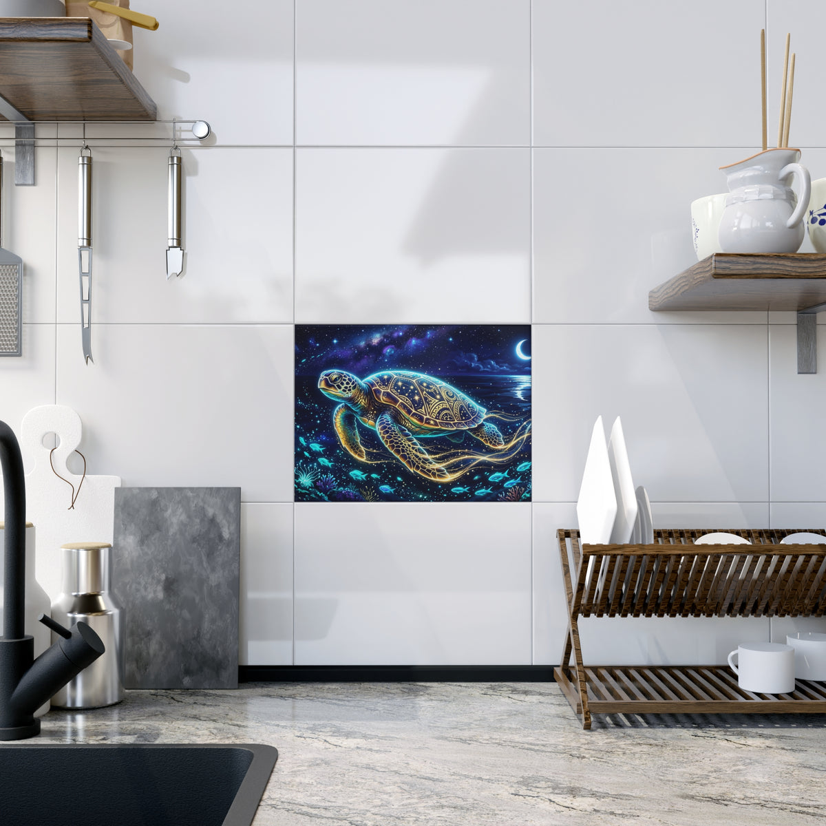 Sea Turtle Ceramic Photo Tile — Glowing Night Ocean Wall Art