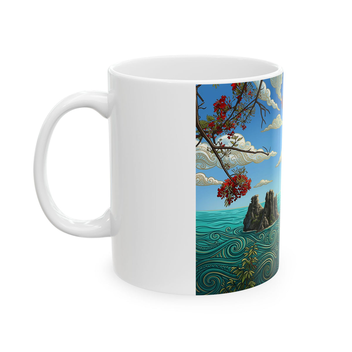 Scenic Ocean Art Ceramic Mug – Tropical Cliffside with Swirling Waves (11oz/15oz)