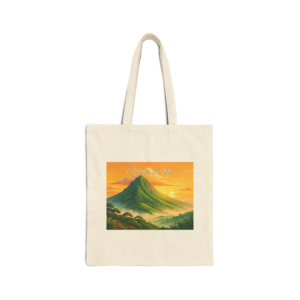 Mountain Sunrise Tote Bag — Canvas Eco Shopper with 'Good Morning' Landscape Art