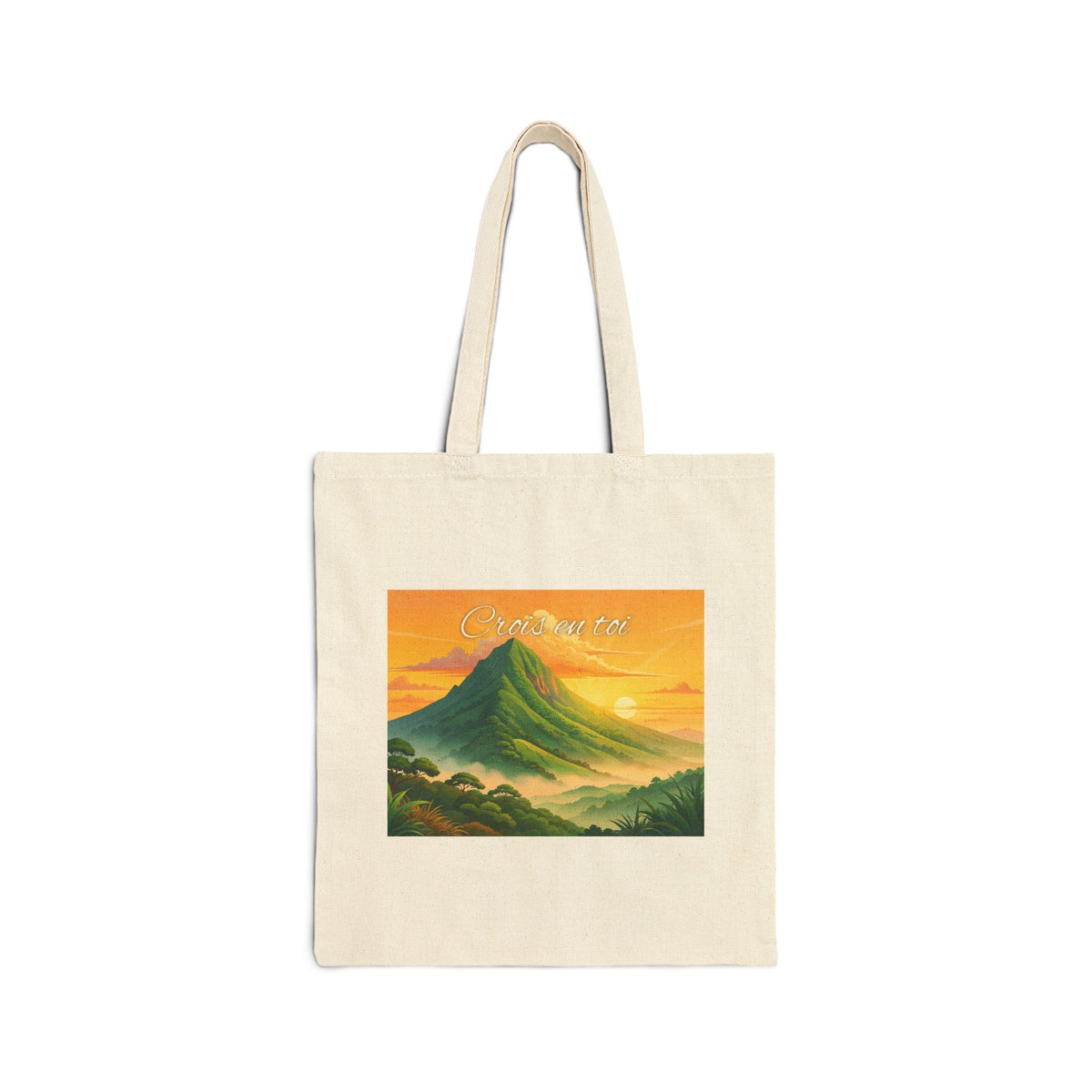 Mountain Sunrise Tote Bag — Canvas Eco Shopper with 'Good Morning' Landscape Art