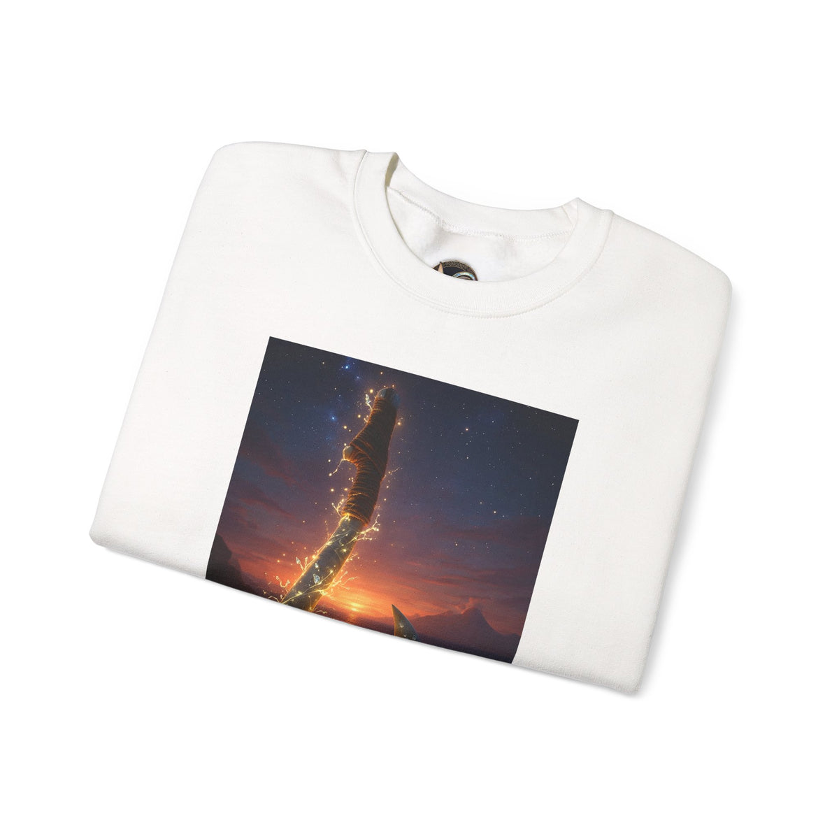 Crewneck Sweatshirt — Fiery Hook Graphic Crewneck (Stormy Sunset, Flaming Fish Hook)