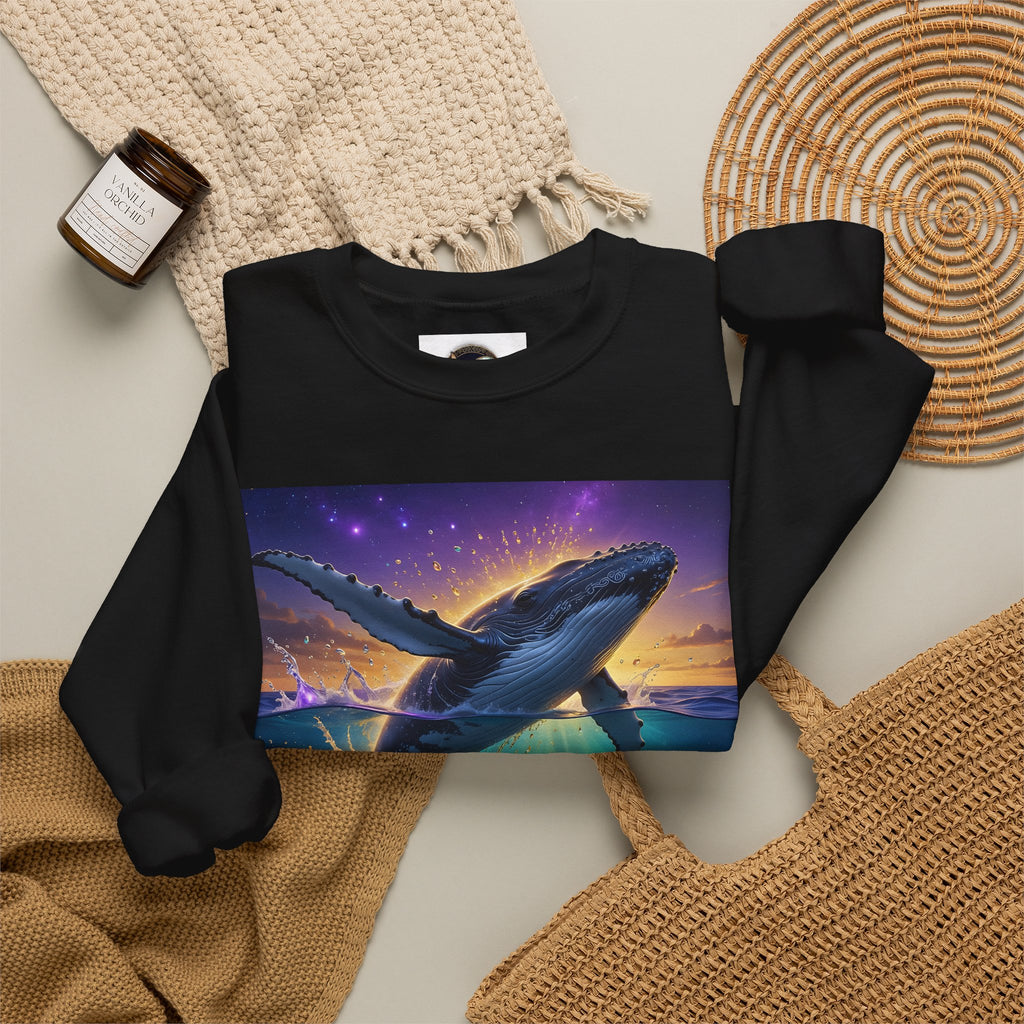 Whale Dreamscape Crewneck Sweatshirt — Cosmic Ocean Sunset Graphic