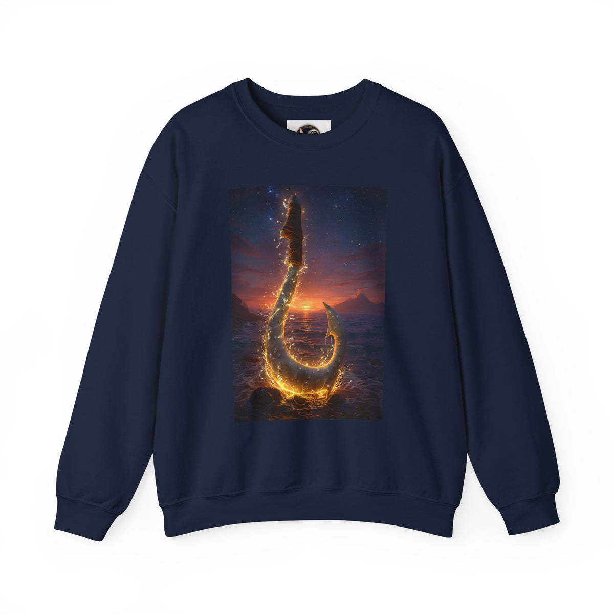 Crewneck Sweatshirt — Fiery Hook Graphic Crewneck (Stormy Sunset, Flaming Fish Hook)
