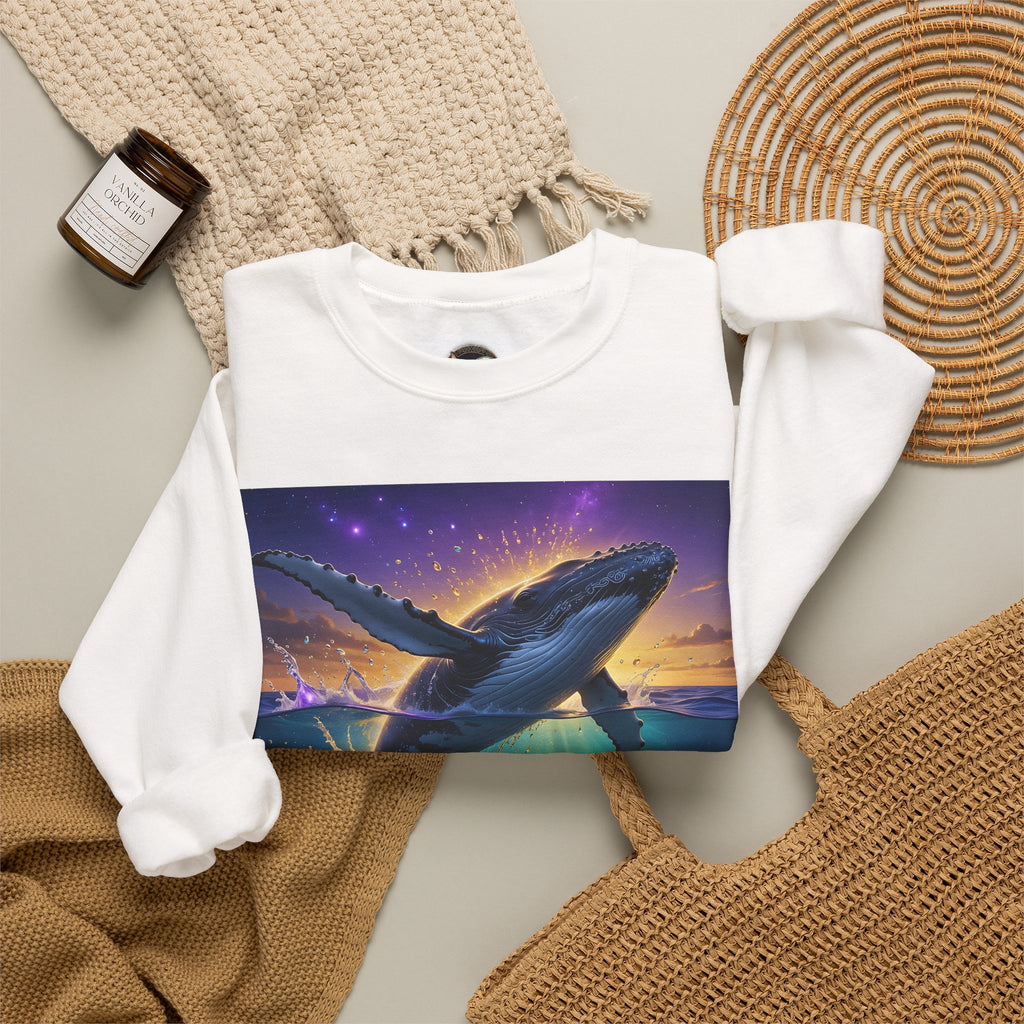 Whale Dreamscape Crewneck Sweatshirt — Cosmic Ocean Sunset Graphic