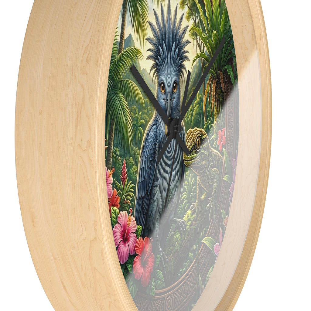 Tropical Bird Wall Clock — Blue Palm Cockatoo & Lizard Jungle Decor