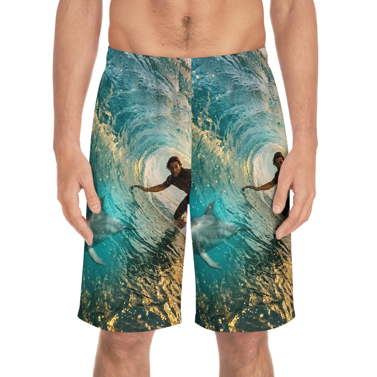 Surfer & Dolphin Wave Men's Board Shorts – All-Over Ocean Print