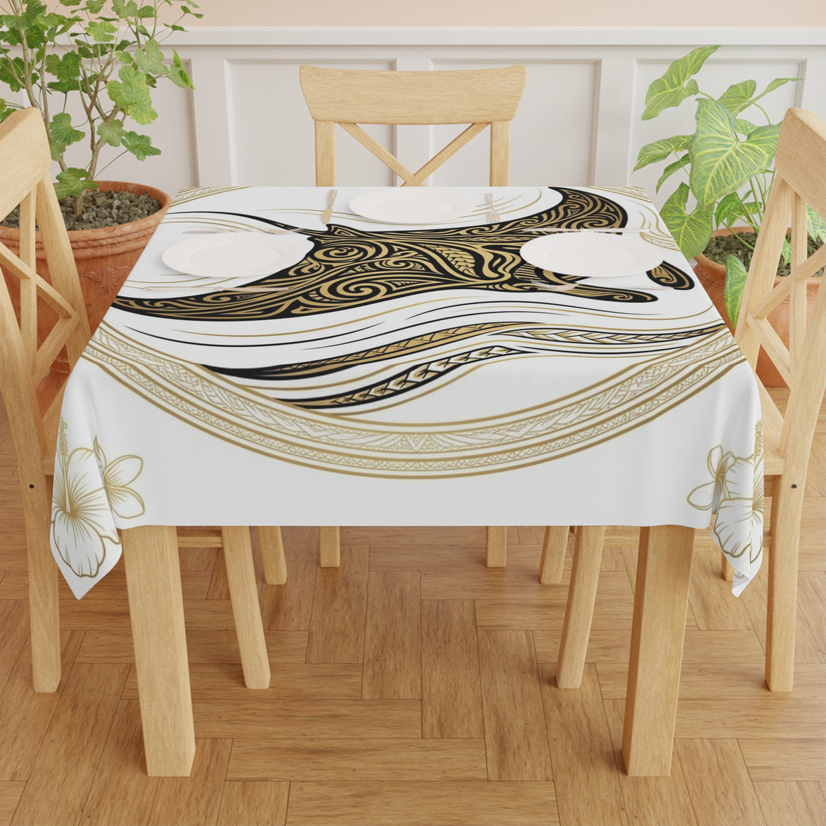 Manta Ray Tribal Art Tablecloth — Coastal Hawaiian Floral Beach Table Cover