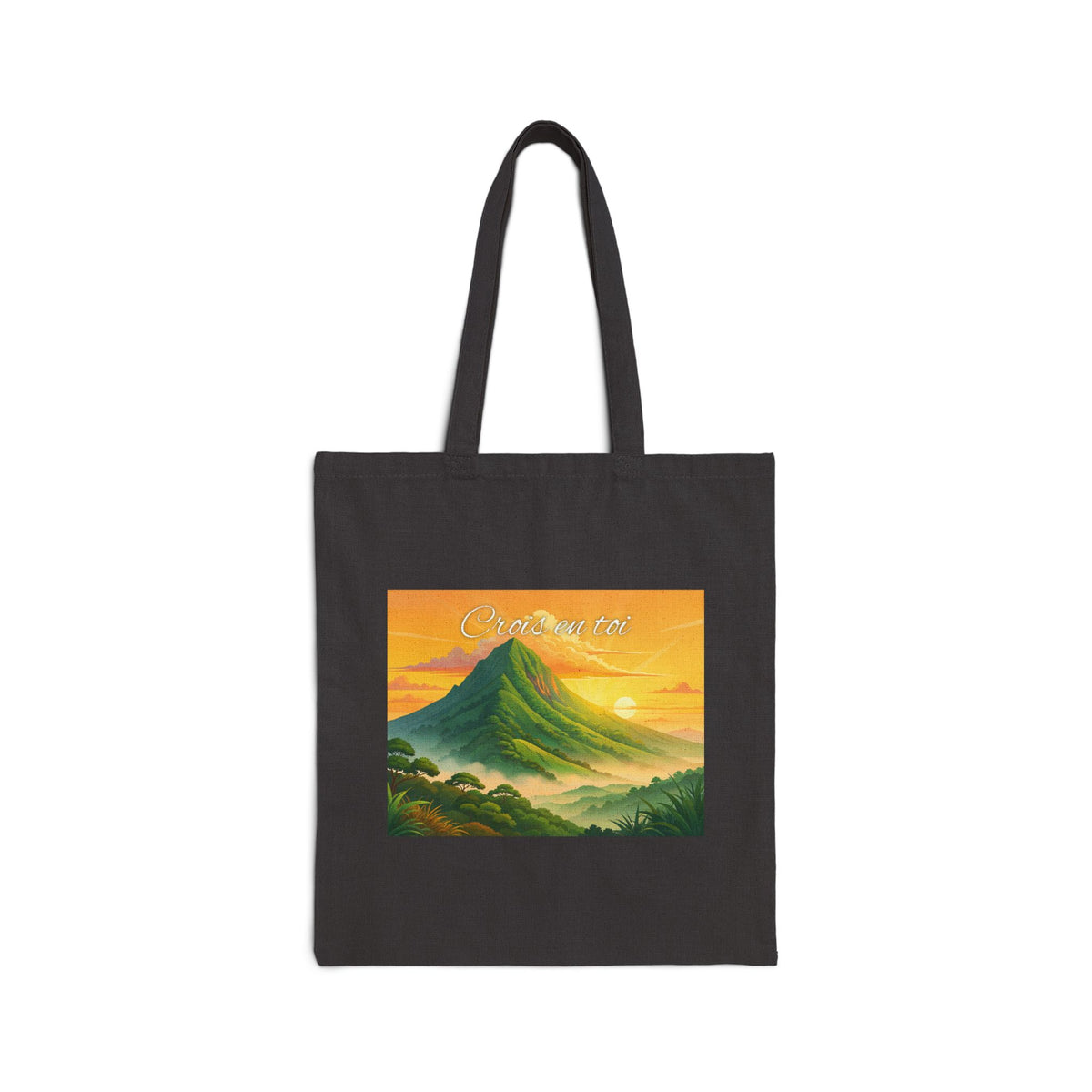 Mountain Sunrise Tote Bag — Canvas Eco Shopper with 'Good Morning' Landscape Art
