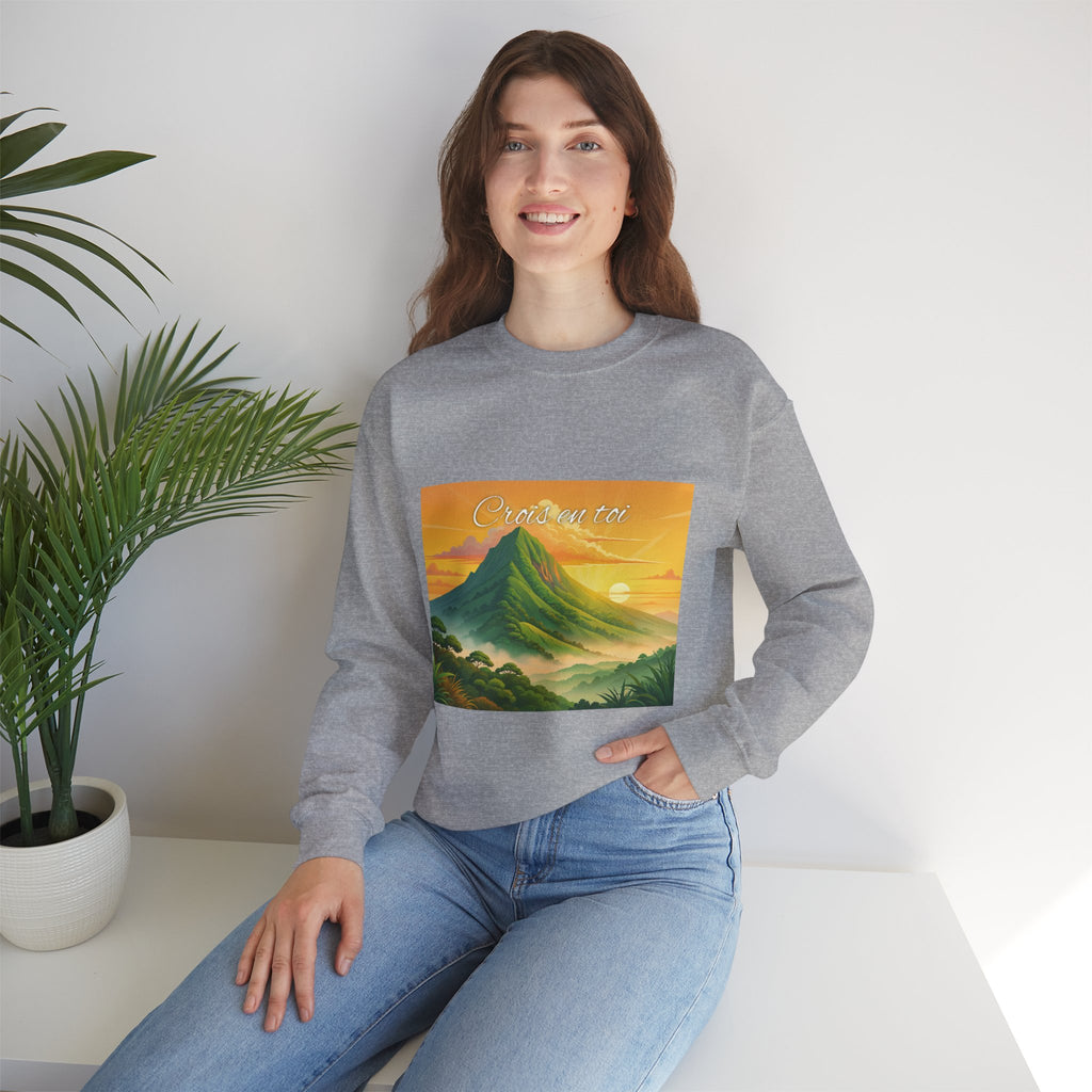Crewneck Sweatshirt — Tropical Sunrise Volcano Graphic 'Curaçao'