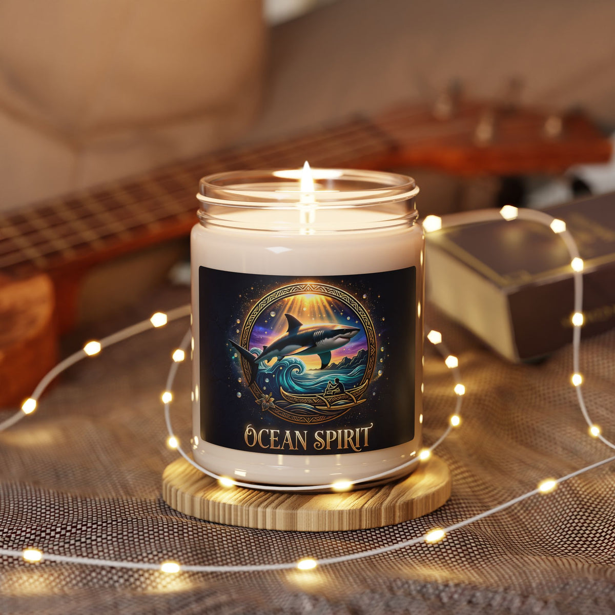Ocean Spirit Scented Soy Candle — 9oz Aromatherapy Candle with Shark & Sunset Design