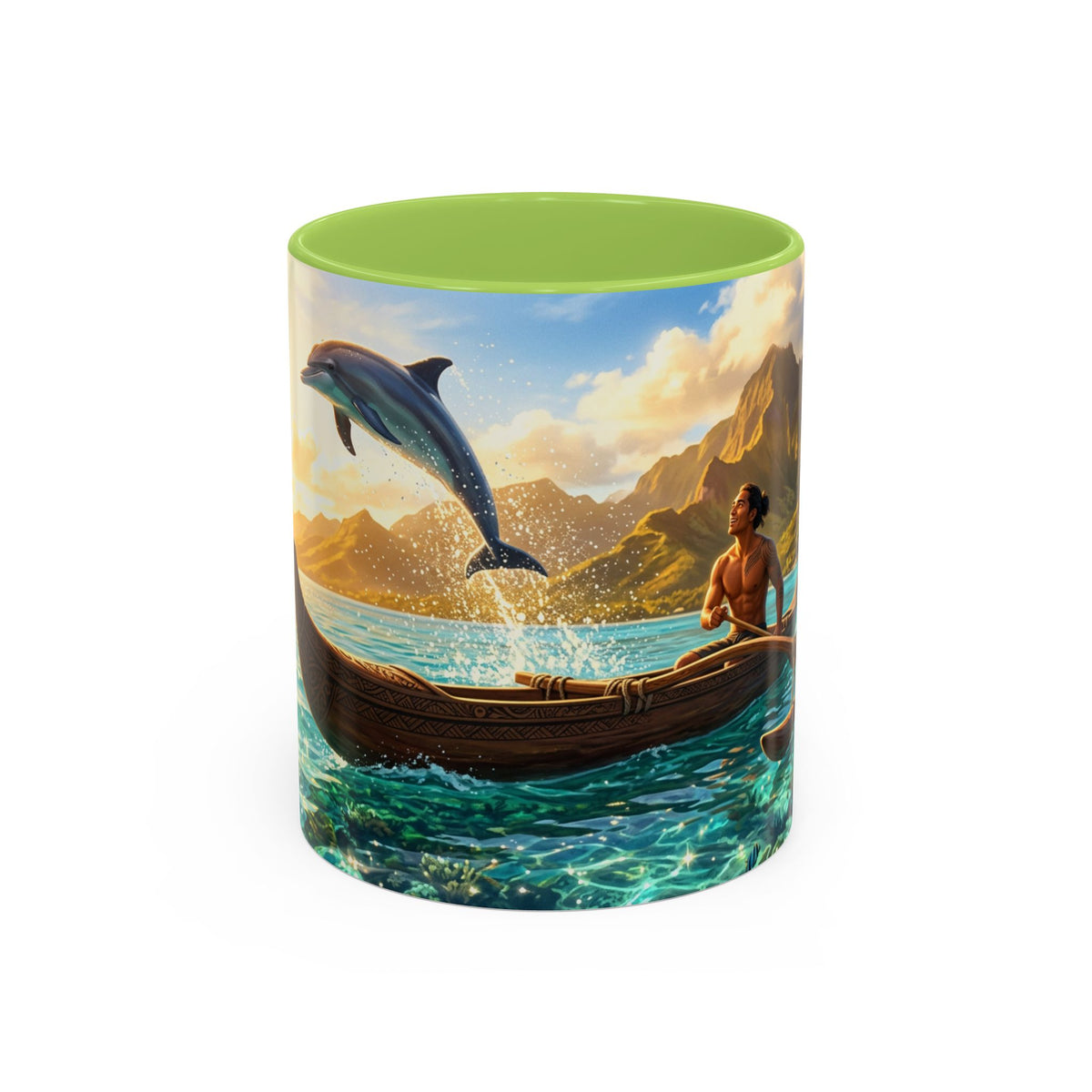 Taza de café Canua Tropical — Taza escénica con delfines y amanecer en el océano (11/15oz)