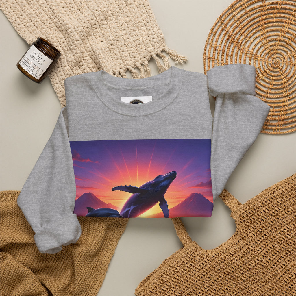Whale Sunset Crewneck Sweatshirt — Ocean Dolphin Jump Graphic