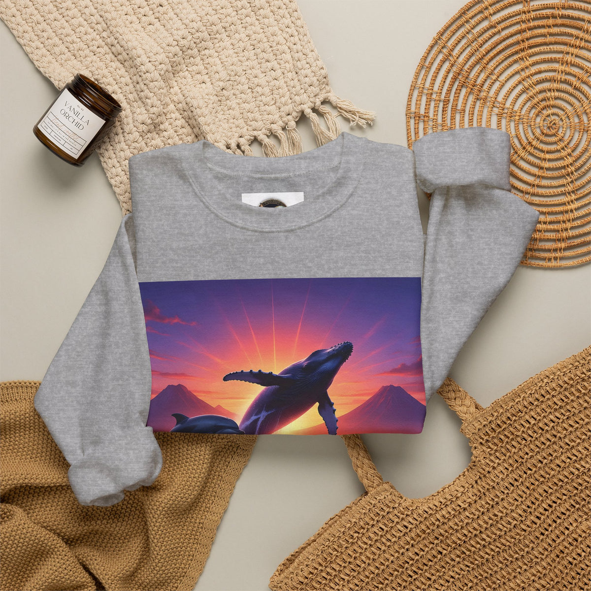 Whale Sunset Crewneck Sweatshirt — Ocean Dolphin Jump Graphic