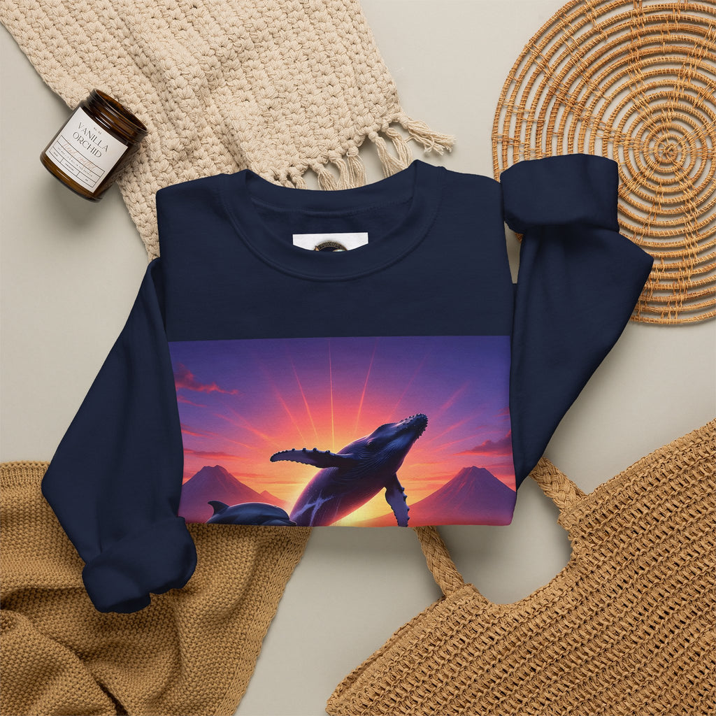 Whale Sunset Crewneck Sweatshirt — Ocean Dolphin Jump Graphic