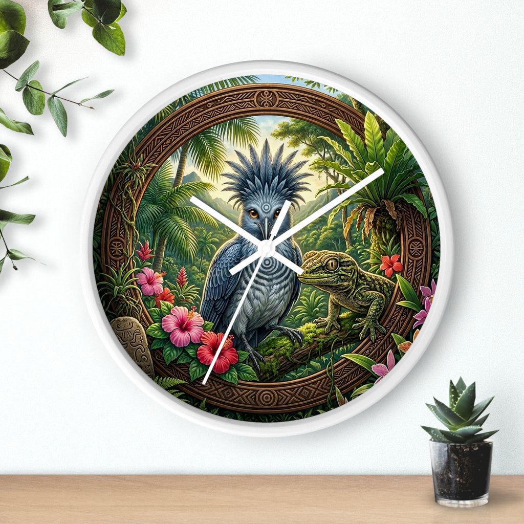 Tropical Bird Wall Clock — Blue Palm Cockatoo & Lizard Jungle Decor