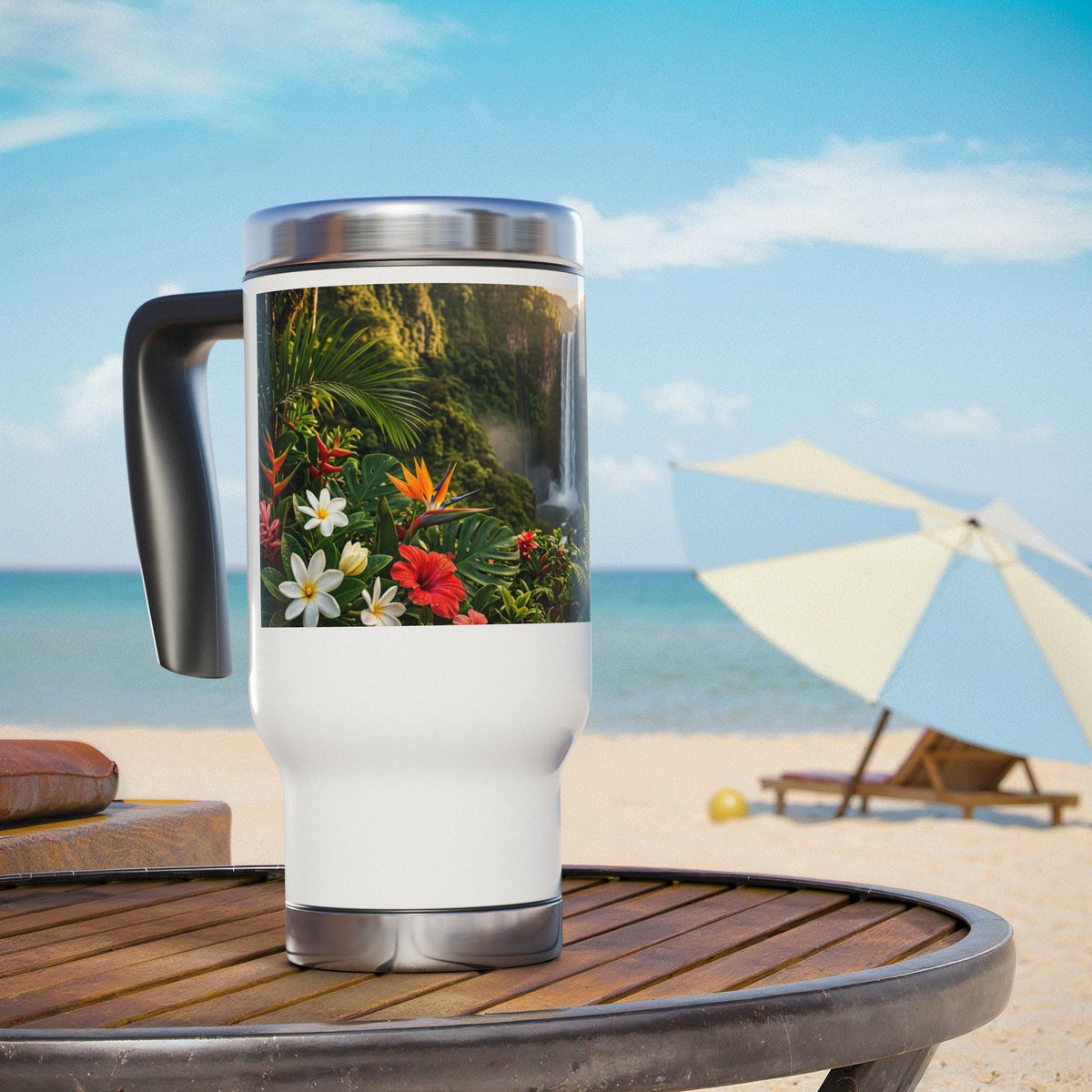 Tropical Waterfall Travel Mug — 14oz Stainless Steel Insulated Mug with Handle