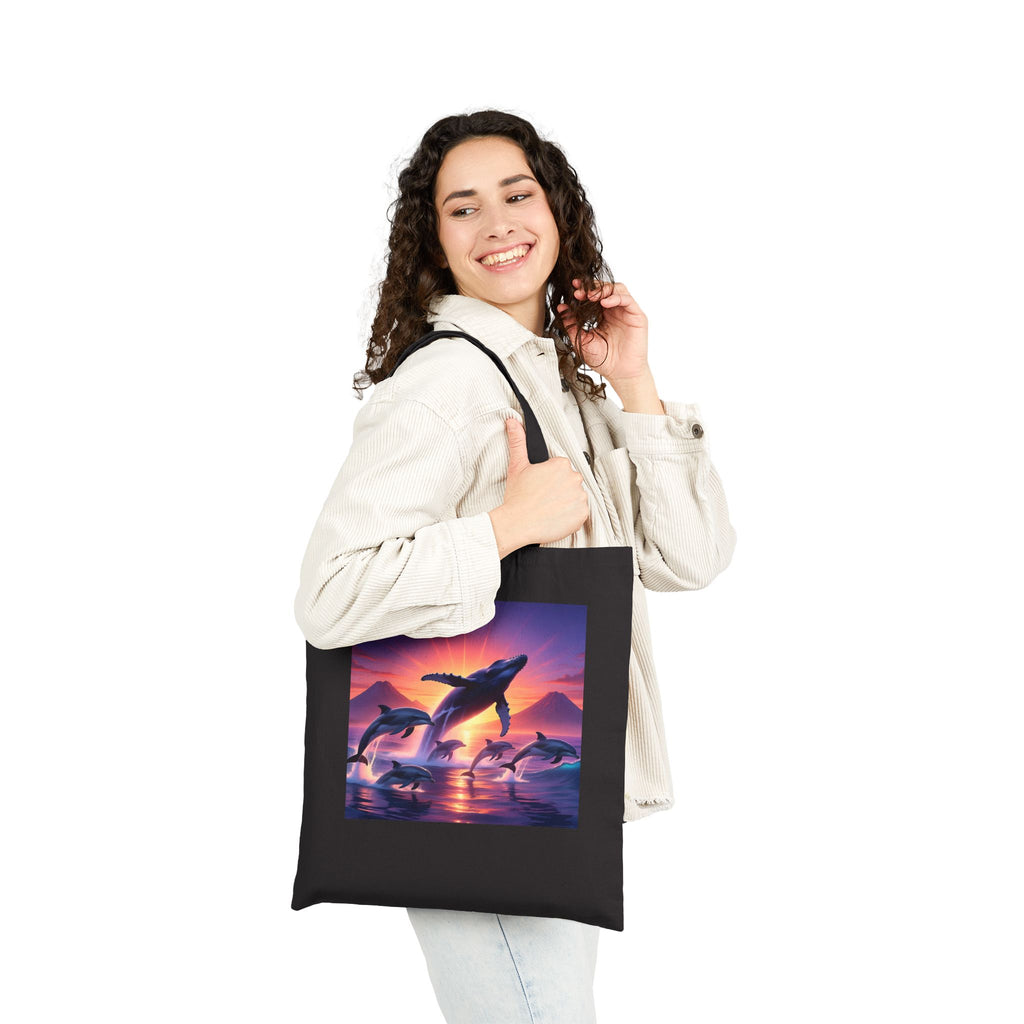 Whales at Sunset Canvas Tote Bag — Ocean Dolphin Sunset Beach Reusable Shopper