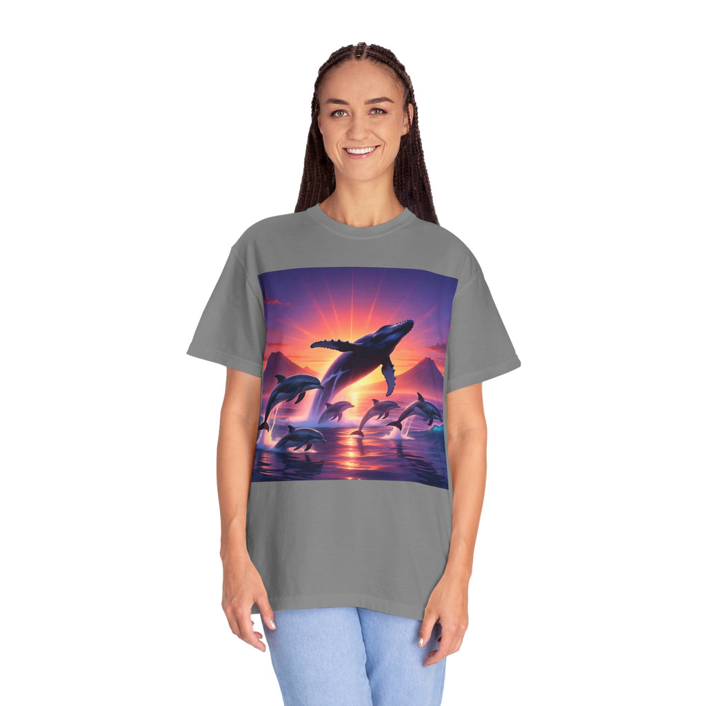 Sunset Whale & Dolphins T-Shirt — Vintage Ocean Sunset Graphic Tee