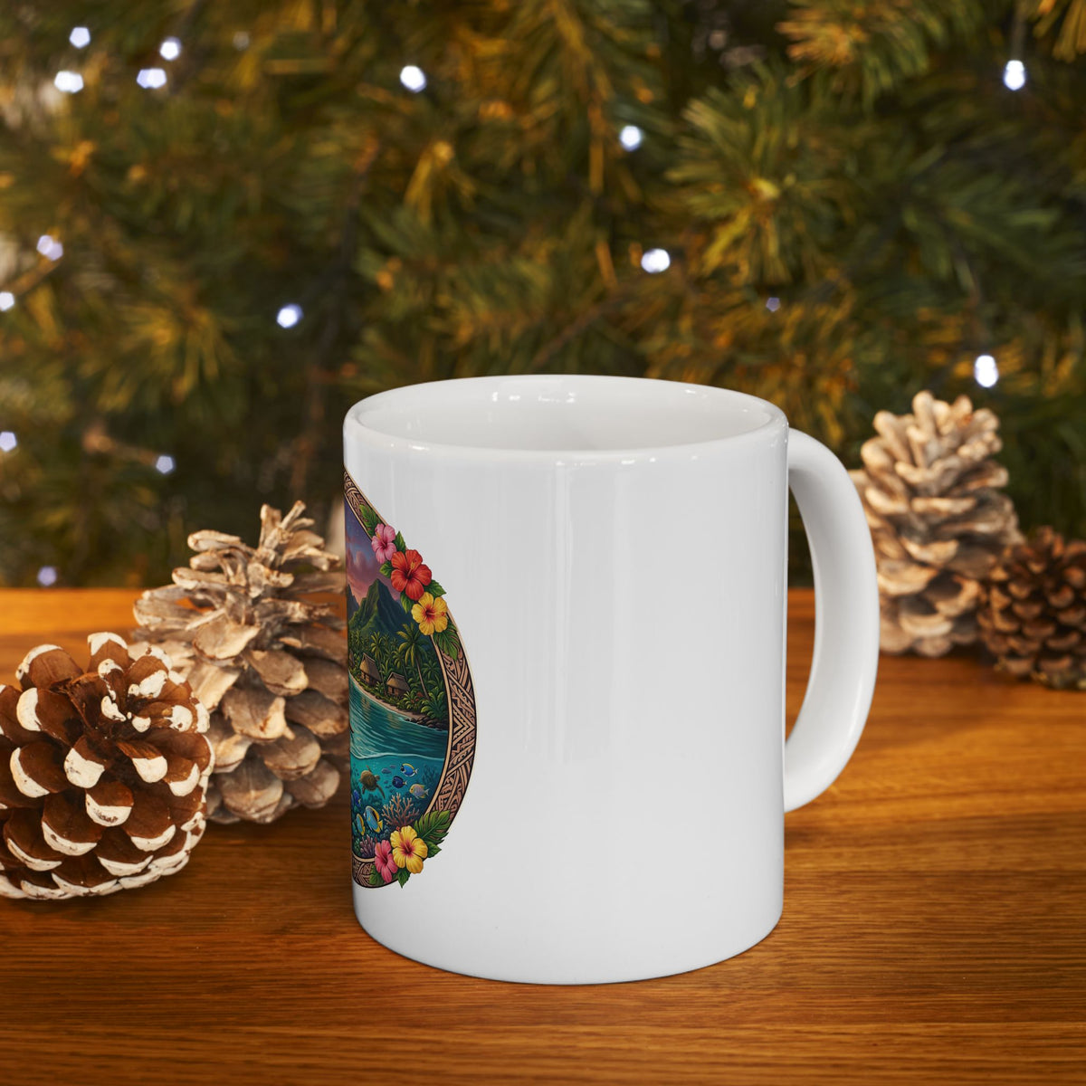 Tropical Sunset Canoe Ceramic Mug — Hawaiian Island Beach Scene (11oz/15oz)