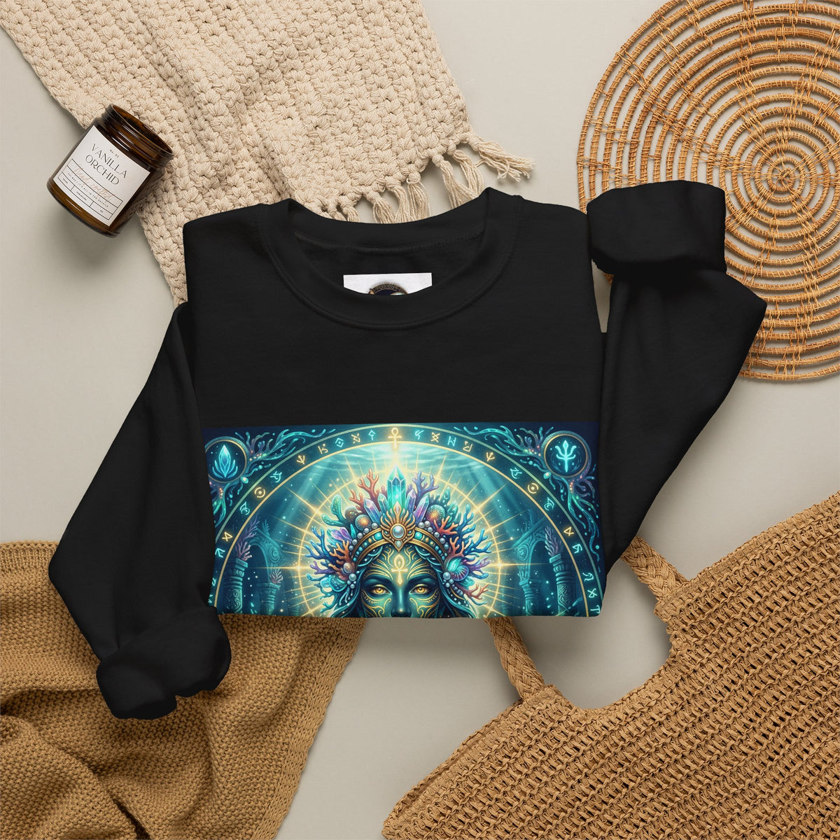 Mystic Goddess Crewneck Sweatshirt — Neon Spiritual Art Pullover