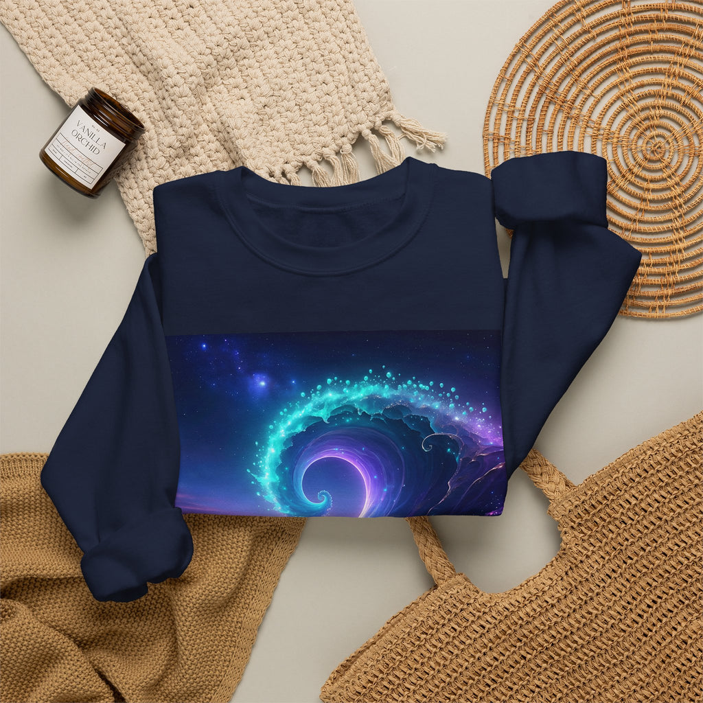 Cosmic Wave Crewneck Sweatshirt — Galaxy Spiral Graphic