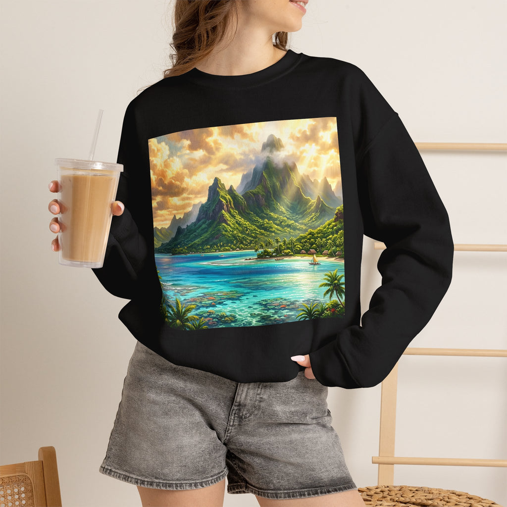 Tropical Island Crewneck Sweatshirt — Scenic Beach Landscape Pullover