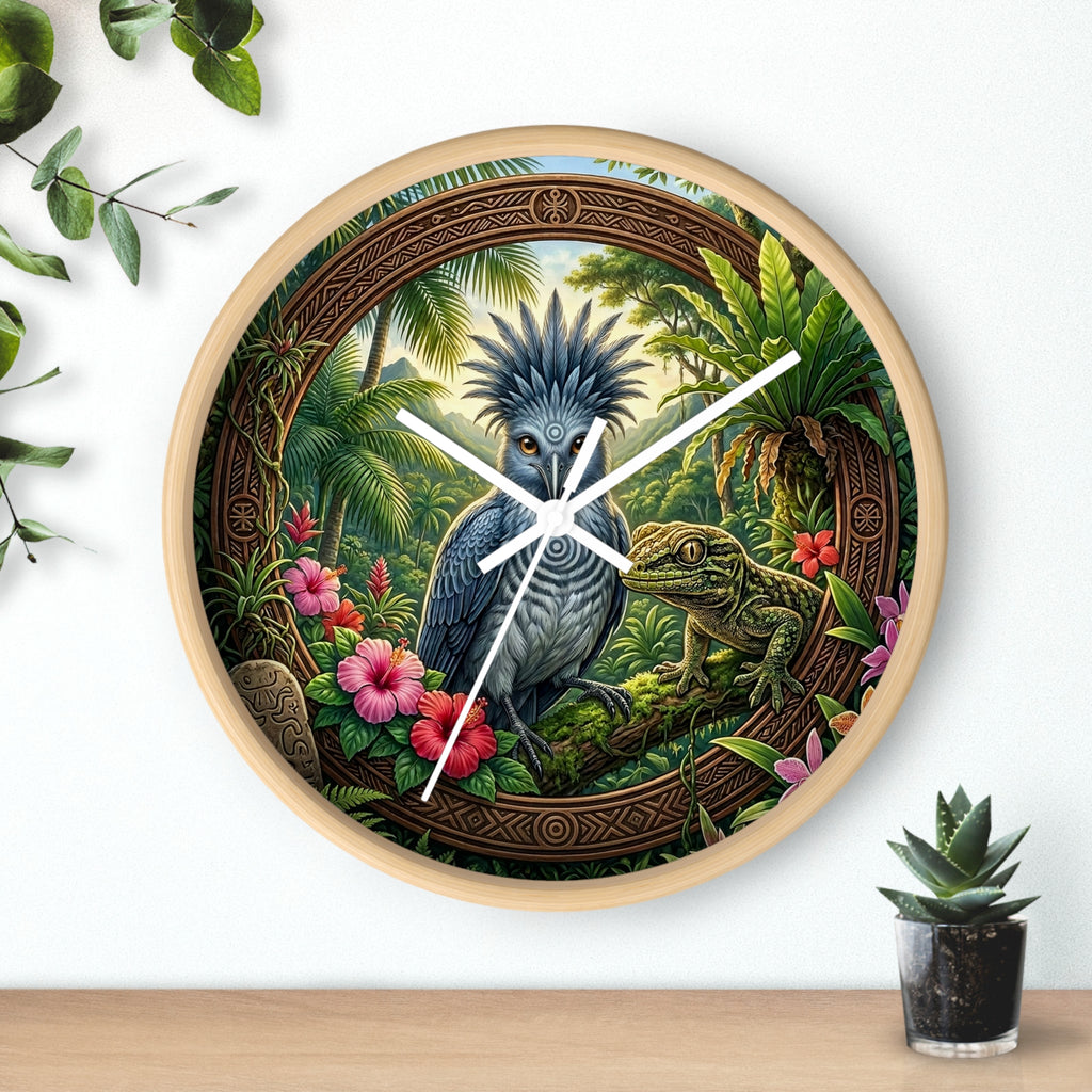 Tropical Bird Wall Clock — Blue Palm Cockatoo & Lizard Jungle Decor
