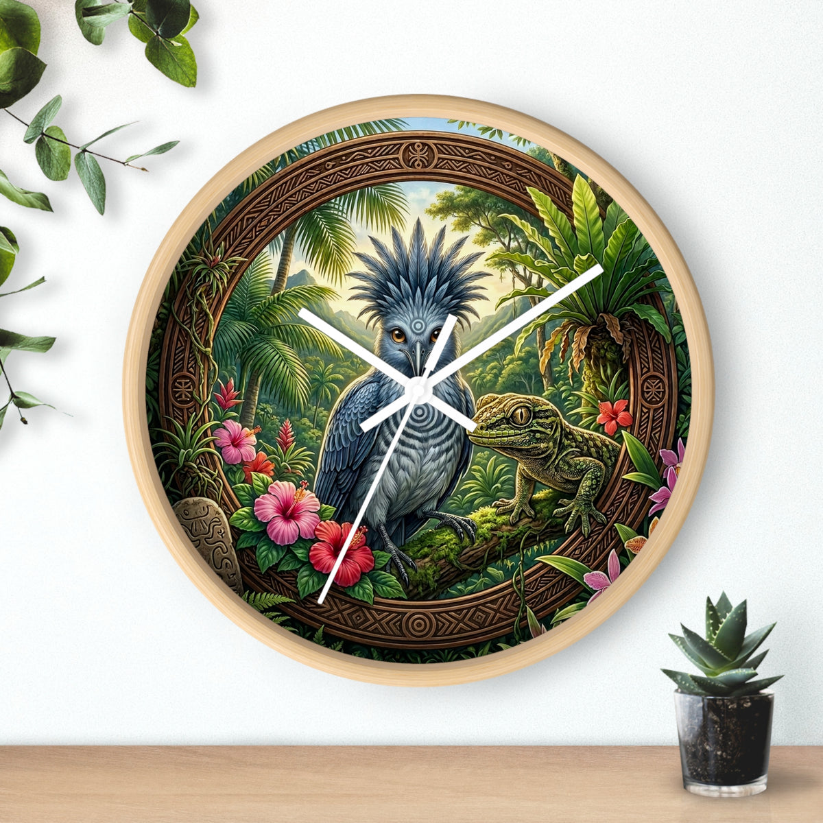 Tropical Bird Wall Clock — Blue Palm Cockatoo & Lizard Jungle Decor