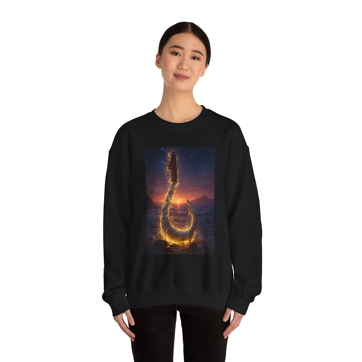 Crewneck Sweatshirt — Fiery Hook Graphic Crewneck (Stormy Sunset, Flaming Fish Hook)