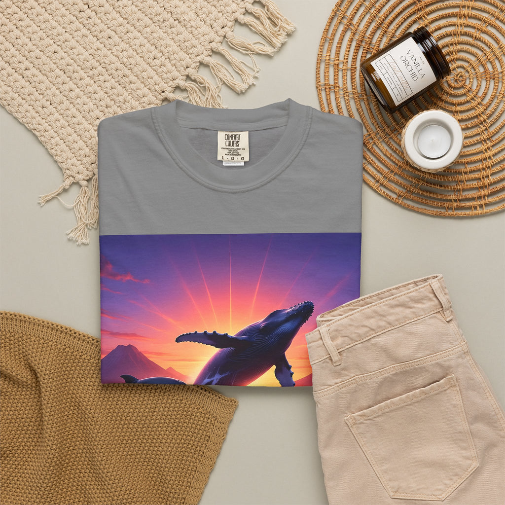 Sunset Whale & Dolphins T-Shirt — Vintage Ocean Sunset Graphic Tee