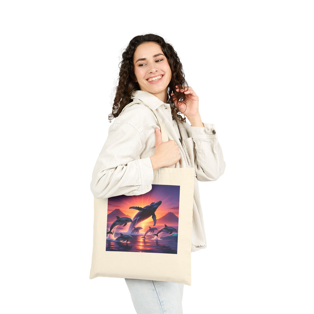 Whales at Sunset Canvas Tote Bag — Ocean Dolphin Sunset Beach Reusable Shopper