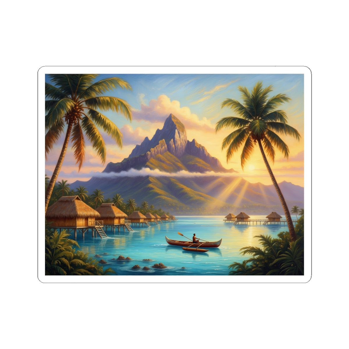 Tropical Island Sunset Sticker — Vintage Polynesian Beach Scene Kiss-Cut Sticker
