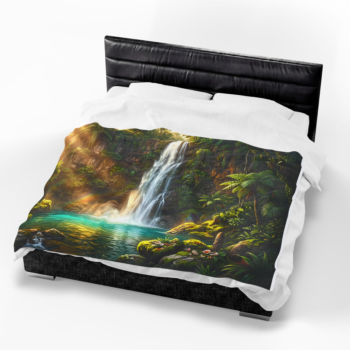 Waterfall Forest Velveteen Plush Blanket — Lush Tropical Landscape Throw
