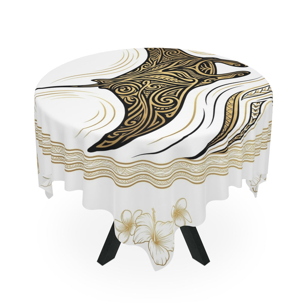 Manta Ray Tribal Art Tablecloth — Coastal Hawaiian Floral Beach Table Cover