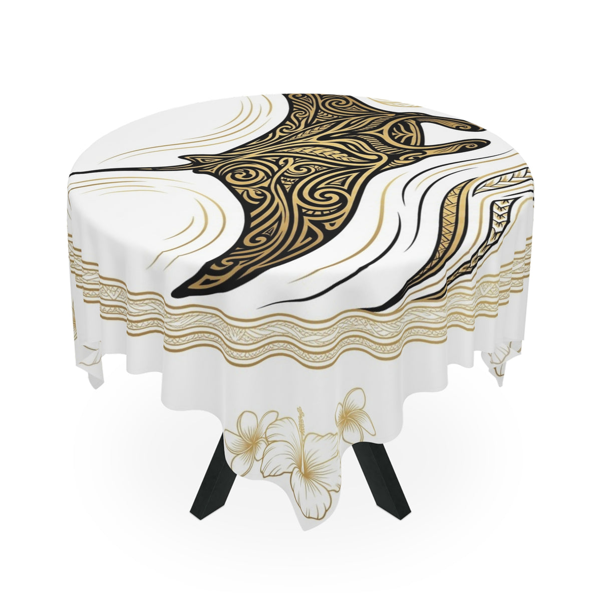 Manta Ray Tribal Art Tablecloth — Coastal Hawaiian Floral Beach Table Cover