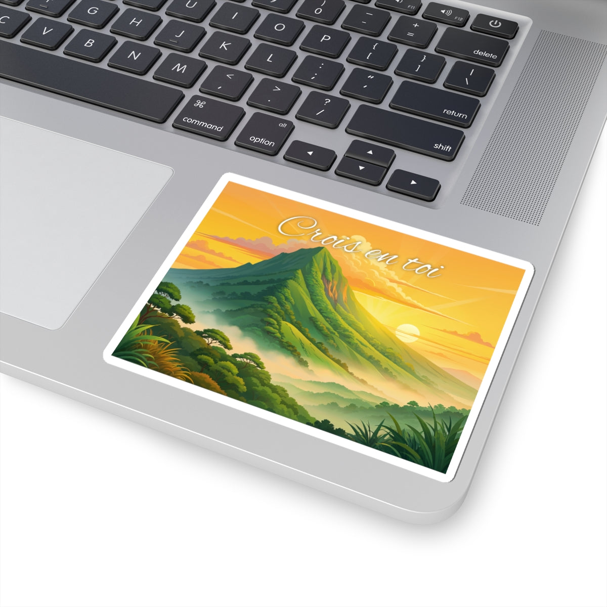 Inspirational Mountain Sunset Sticker — "Crois en toi" Motivational Kiss-Cut Sticker