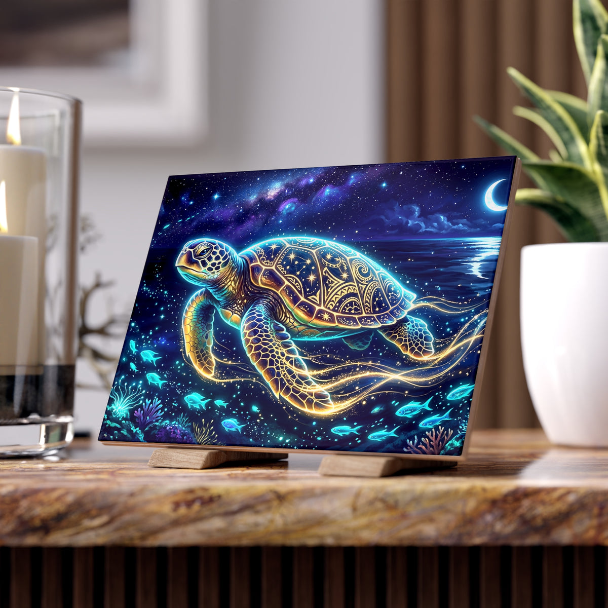 Sea Turtle Ceramic Photo Tile — Glowing Night Ocean Wall Art