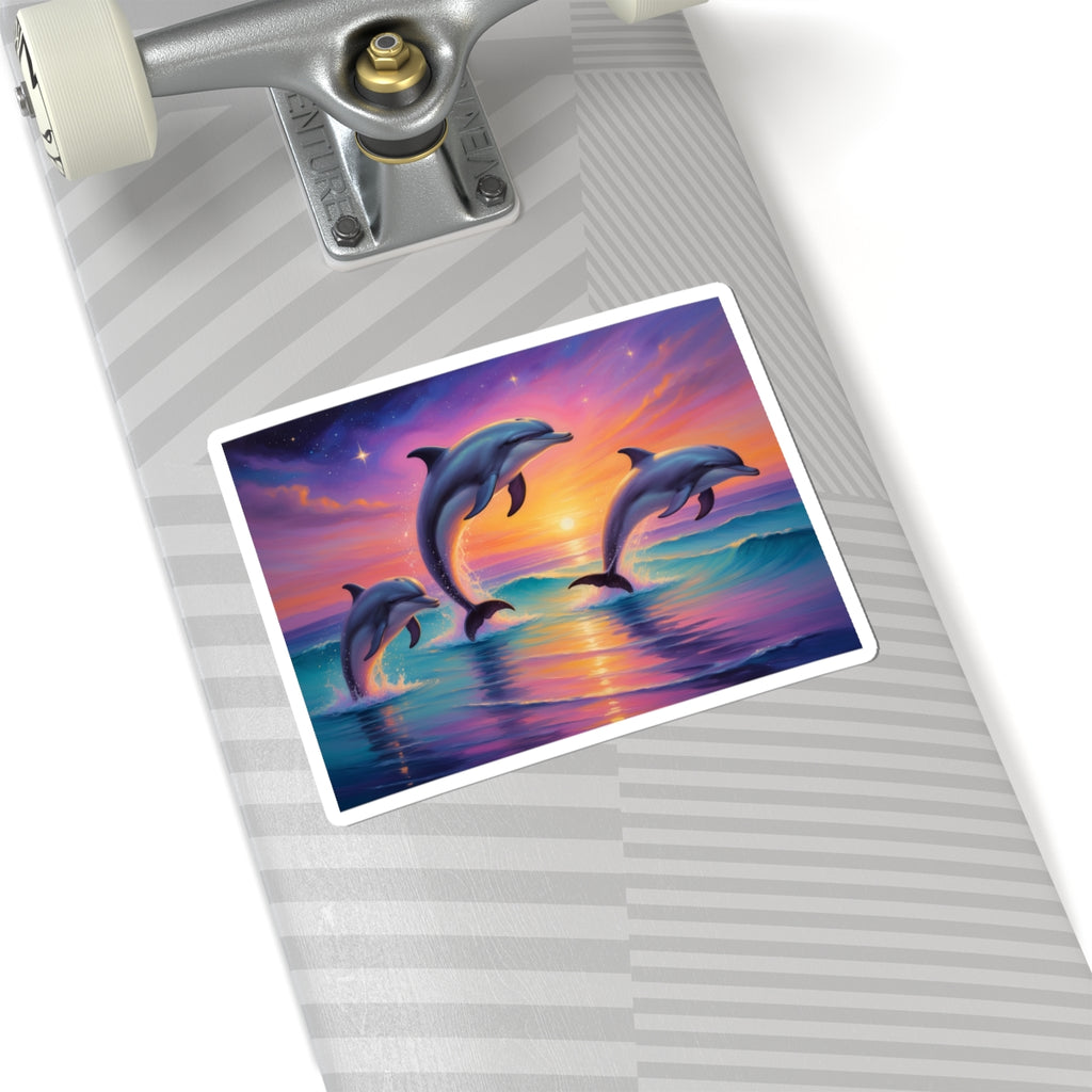 Dolphin Sunset Kiss-Cut Sticker — Vibrant Ocean Sunset Dolphin Decal