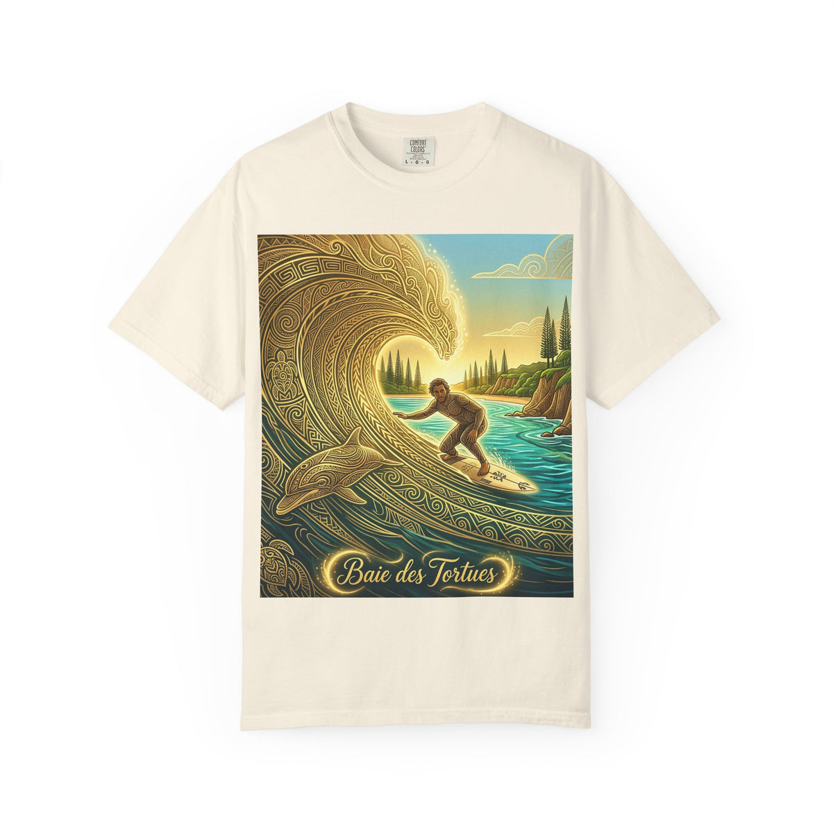 Surfer and Dolphin Wave T-Shirt | Vintage Coastal Surf Art