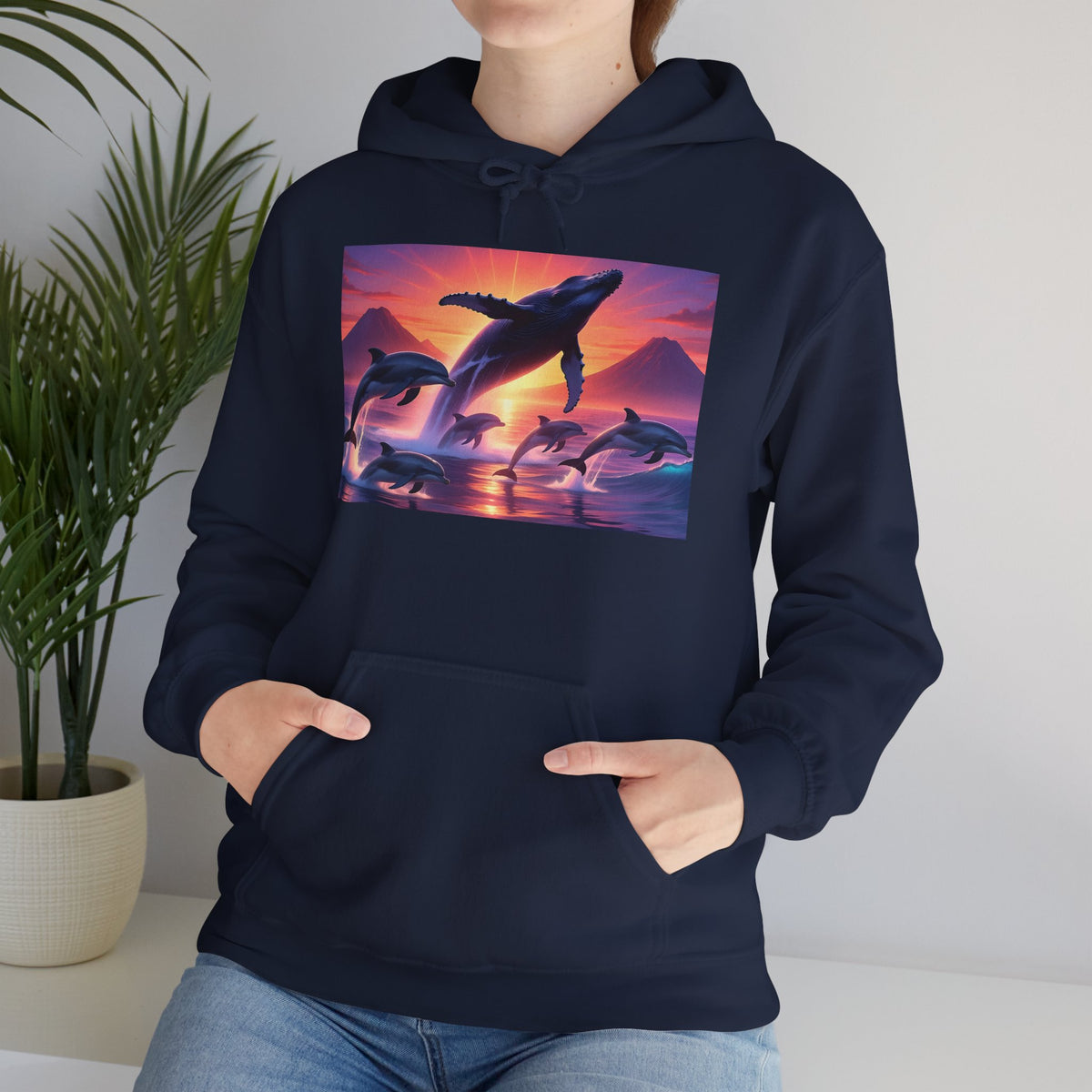 Dolphin Sunset Hoodie — Majestic Jump Ocean Graphic Sweatshirt