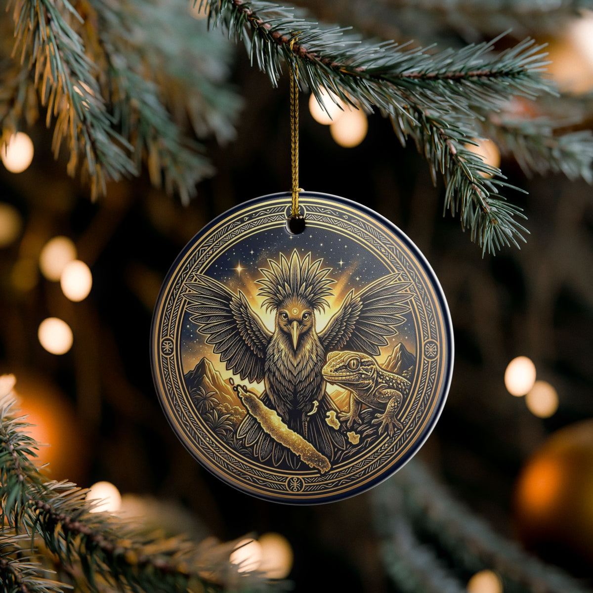 Ceramic Ornament — Mystic Raven & Lizard Medallion Holiday Decoration