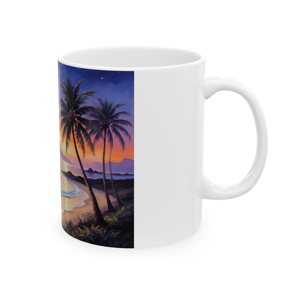 Sunset Beach Ceramic Mug — Tropical Palm Coastwave Coffee Cup (11oz, 15oz)