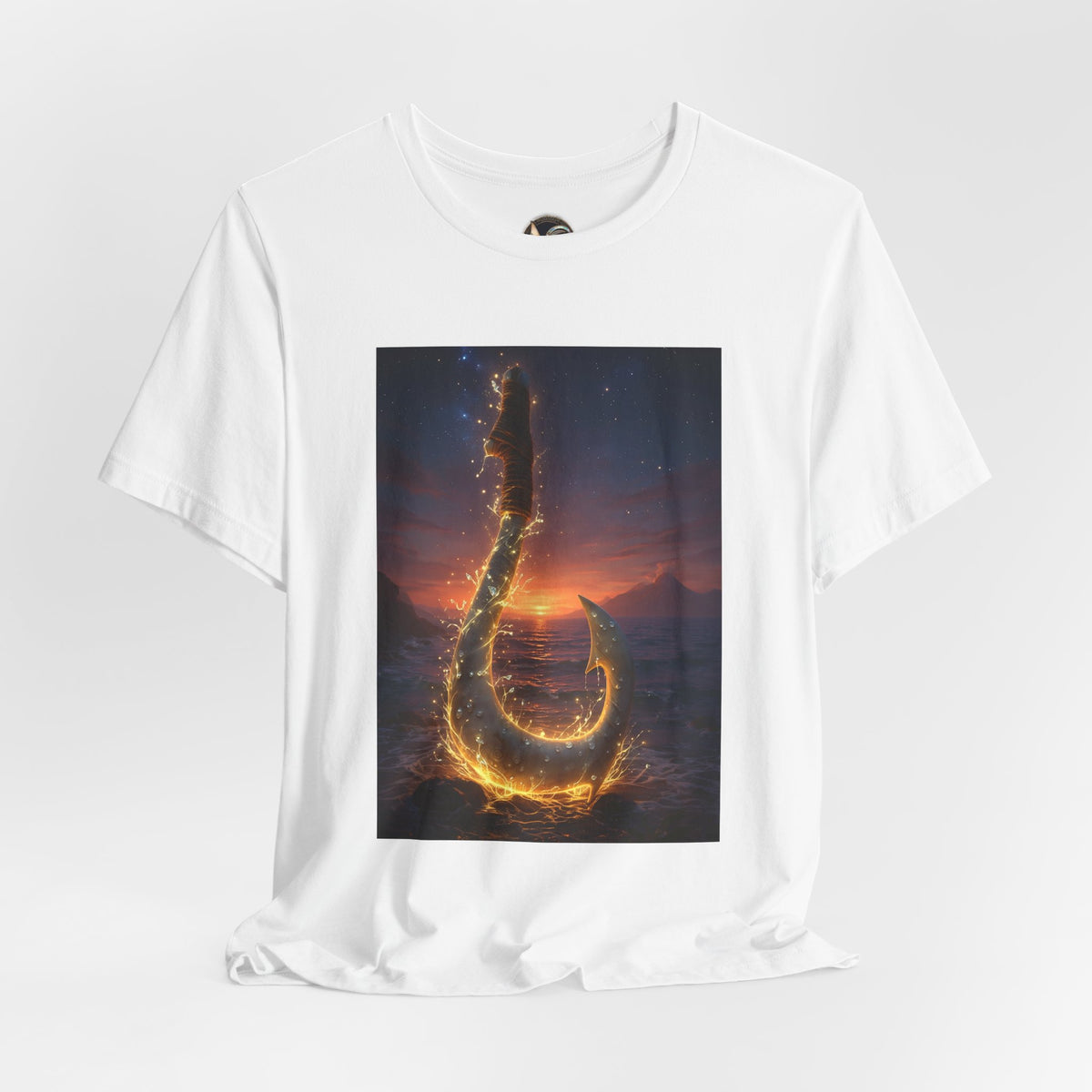 Fiery Hook Graphic Tee — Flaming Fishing Hook Sunset T-Shirt