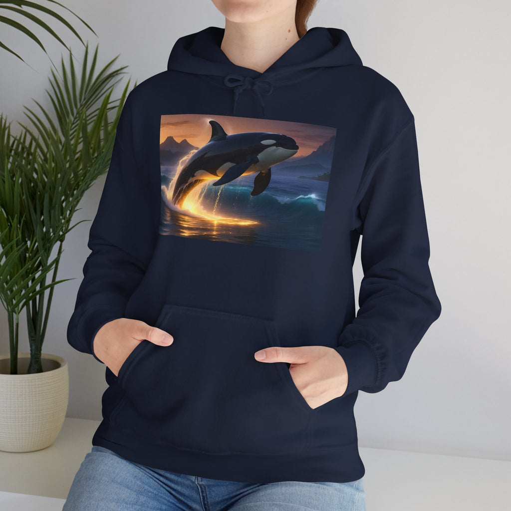 Orca Sunset Hoodie — Majestic Whale Jump Graphic Sweatshirt