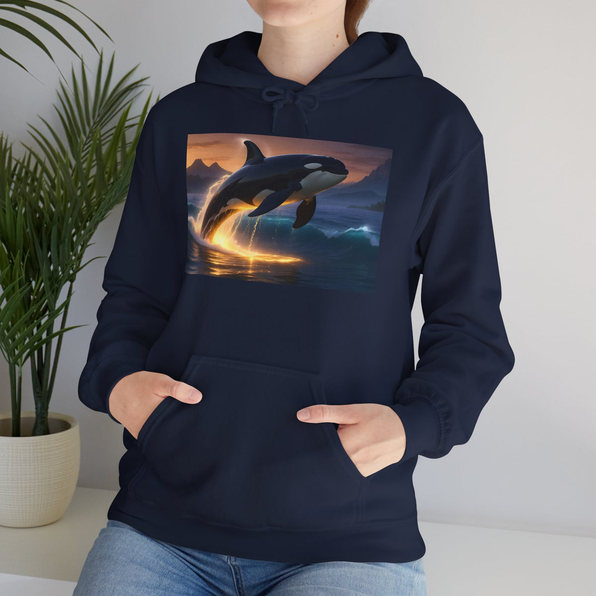 Orca Sunset Hoodie — Majestic Whale Jump Graphic Sweatshirt