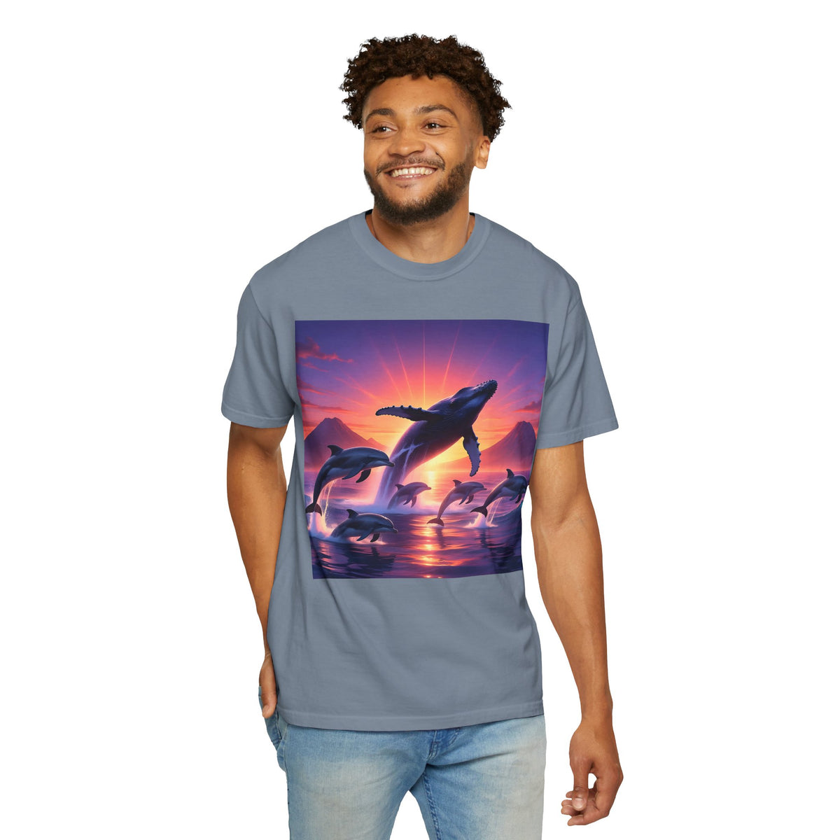Sunset Whale & Dolphins T-Shirt — Vintage Ocean Sunset Graphic Tee