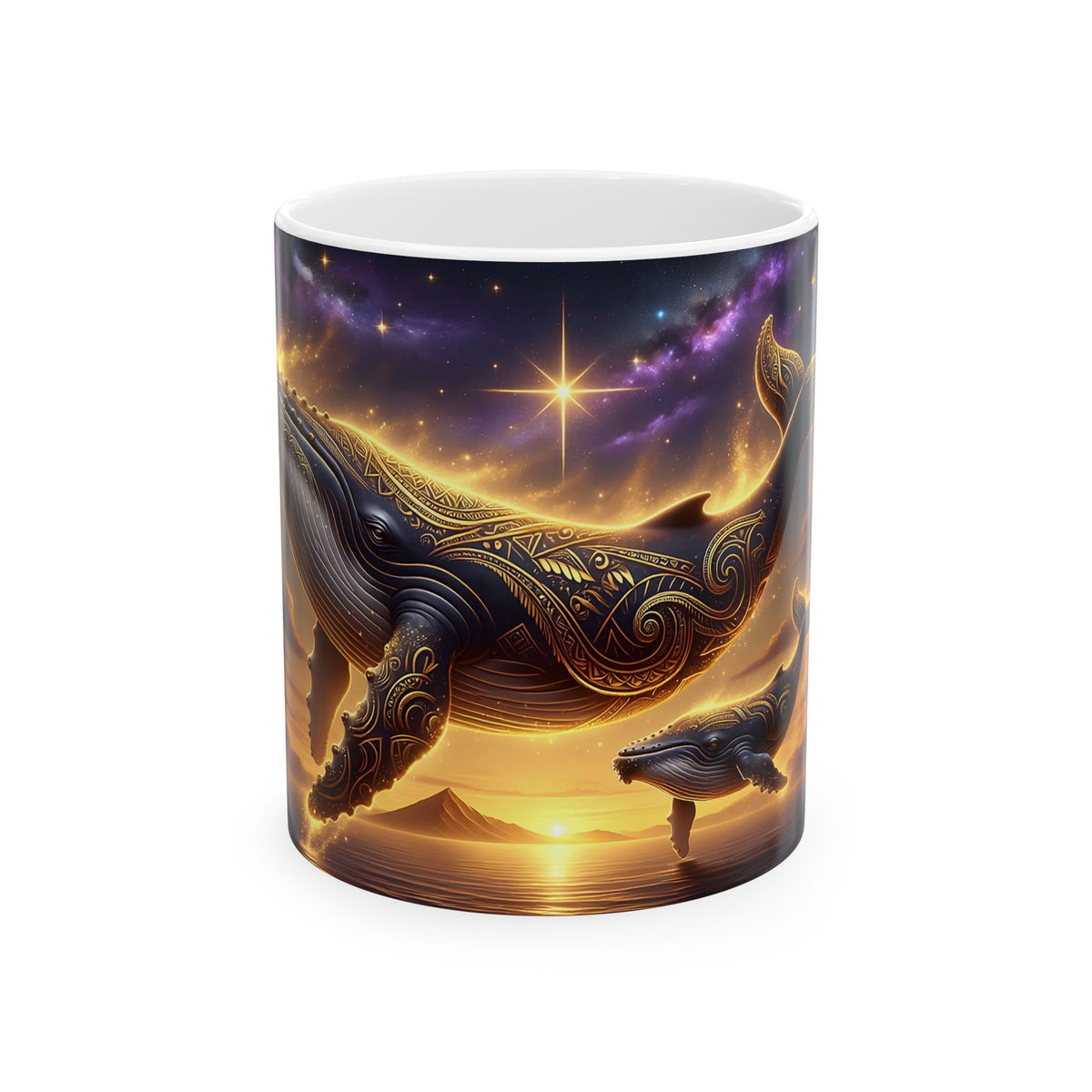 Whale Sunset Ceramic Mug — Mystical Ocean Nightscape Coffee Cup (11oz/15oz)