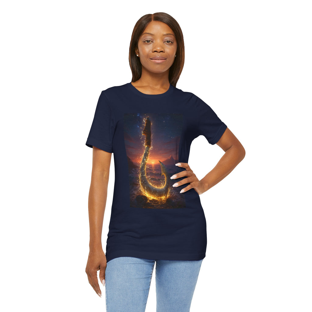 Fiery Hook Graphic Tee — Flaming Fishing Hook Sunset T-Shirt