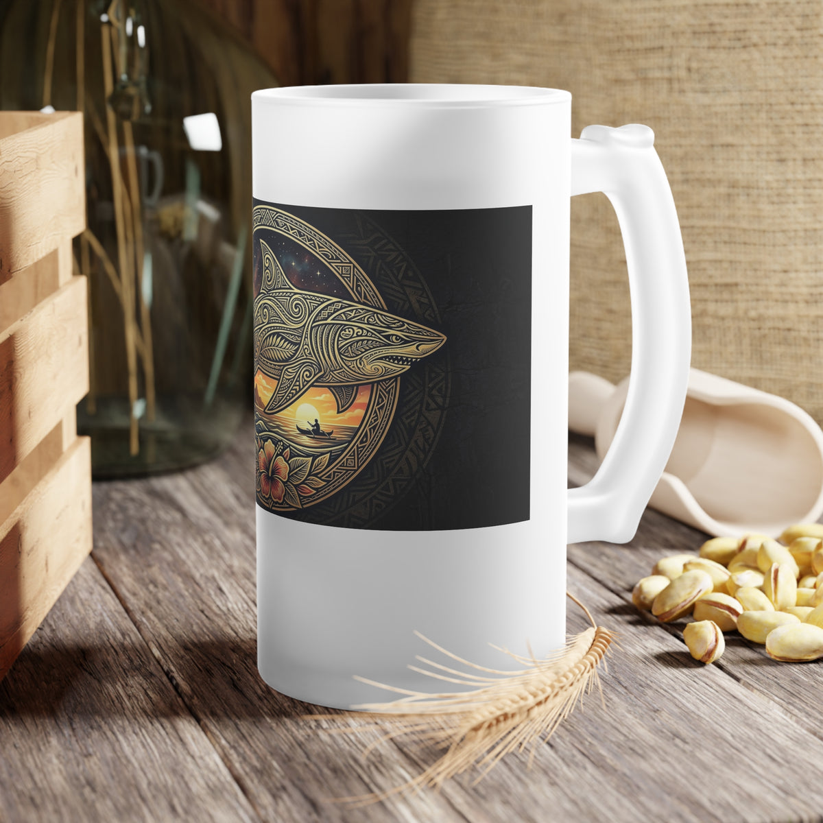 Frosted Glass Beer Mug — Nautical Celtic Whale Sunrise Design